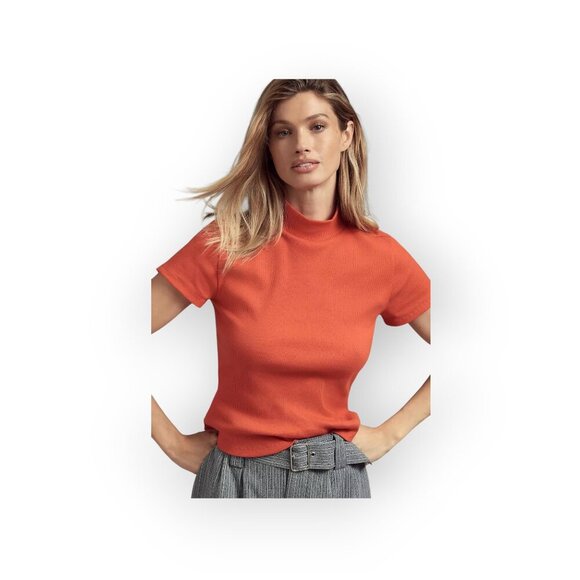 Anthropologie Maeve Ribbed Mock Neck Blair Baby Tee Burnt Orange size S EUC - Picture 14 of 14